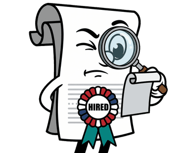 Rex the ResumeCoach mascot inspecting a job posting with a magnifying glass