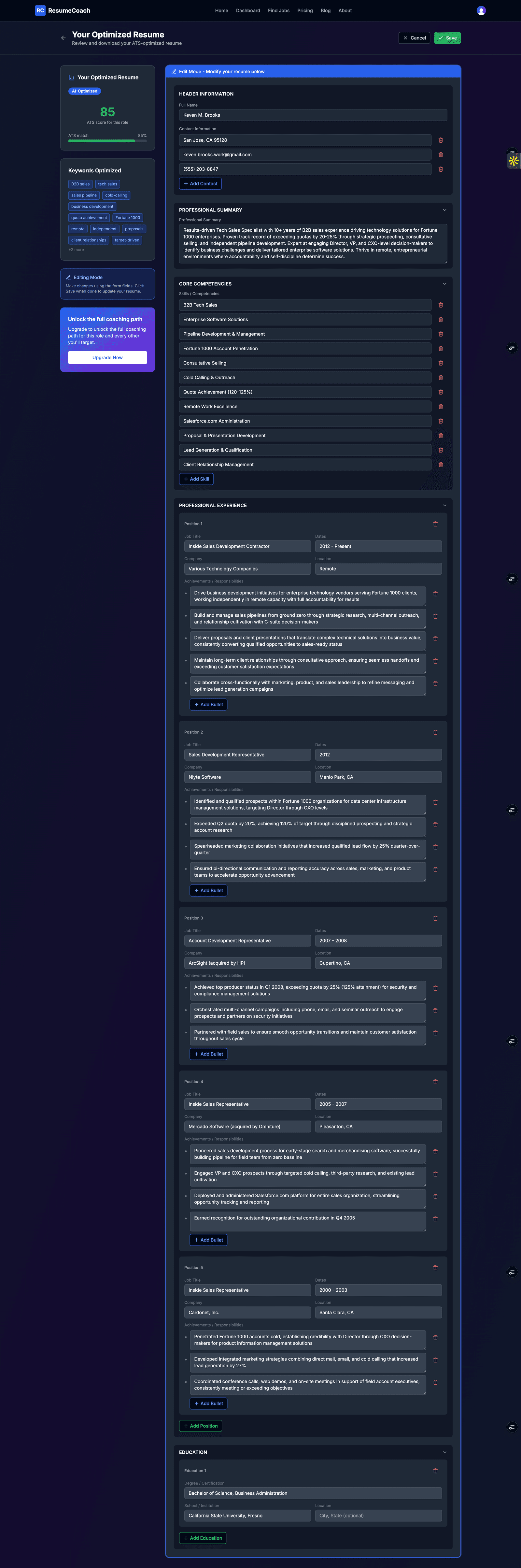 First fold of the ResumeCoach editor showing header, summary, and experience sections